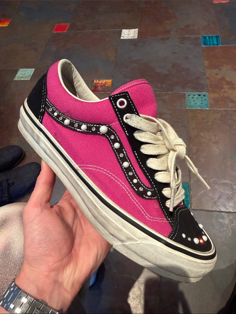 Vans Pink and Black Studded Low-Top Sneakers “pearlized” old school
